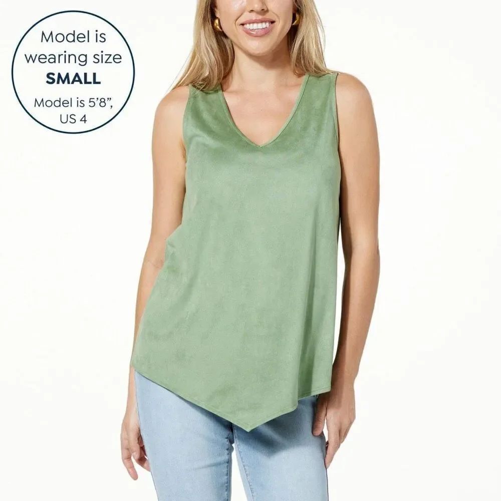 DG2 by Diane Gilman Faux Suede V-neck Tank in green basil size S NWT